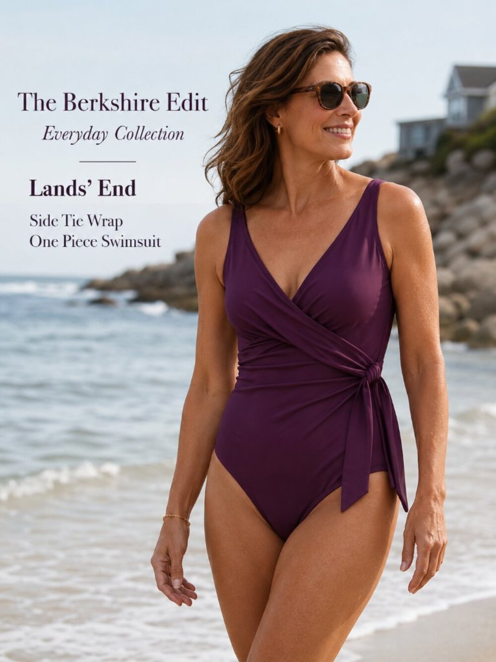Lands' End Eggplant Wrap One Piece Swimsuit Side Tie Soft Cup Bra 12
